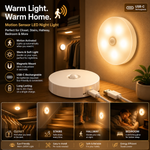 Wireless motion sensor LED closet light emitting a soft glow in a dark hallway.